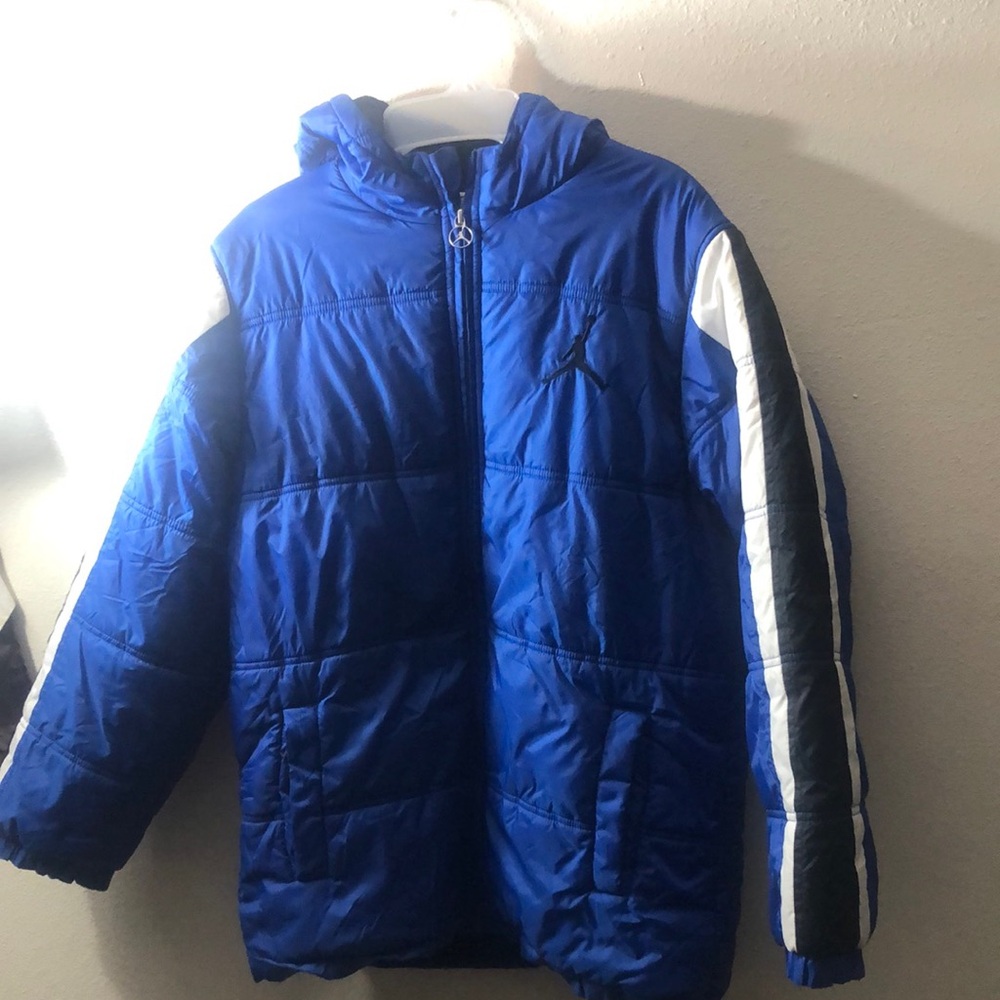 Blue Hooded Puffer Jacket with Black and White Accents